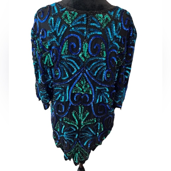 Laurence Kazar ladies size 1X black blue green evening glam top 100% silk sequin - Picture 6 of 10